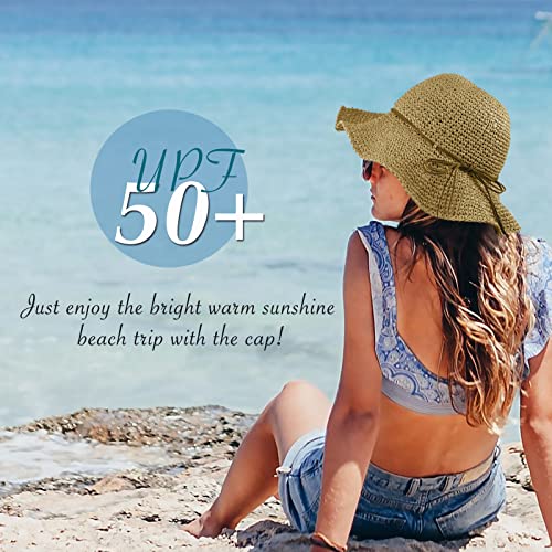Women Sun Hat Wide Brim Floppy Beach Hat Breathable UV UPF 50+ Straw Hat Foldable Packable Summer Outdoor Cap - color: Light Coffee
