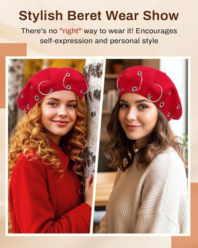 AWAYTR Punk Beret Hat for Women - 90% Wool Blend Goth Alt French Cap - color: Red