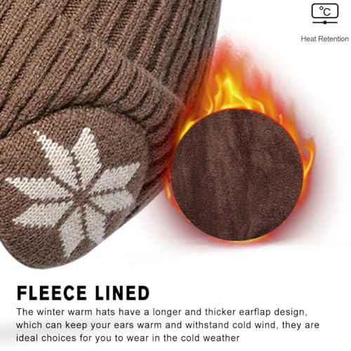 Knit Beanie Hat with Earflaps – Winter Warm Thick Fleece Lined Ski Skull Cap for Men Women - color: Khaki