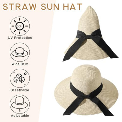 Beach Hat for Women, Wide Brim Sun Straw, UPF 50+ Foldable Floppy Sun Hat - color: A-beige