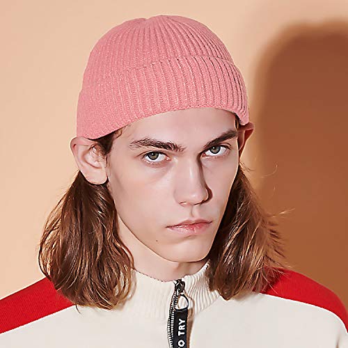 50% Wool Knit Short Fisherman Beanie for Men Women Warm Winter Hat - color: #Pink