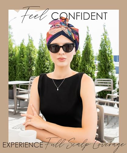 CAPLORD Chemo Headwrap for Women Turban Headwear for Cancer Patients Skull Cap Hair Loss Cover Lightweight Head Covering Hat - color: Navy Chromafloral