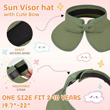 Girls Sun Visor Hat with Ponytail Hole Wide Brim Beach Straw Visor UPF 50+ - color: 1pack-grayish Green
