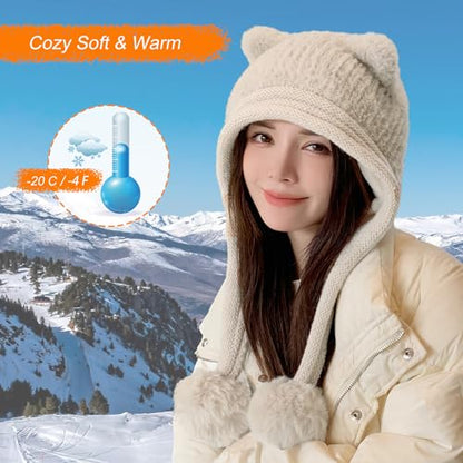 HUAMULAN Women Winter Sherpa Knit Beanie Hats with Pom Poms Ear Flaps - color: Xz3123-mise