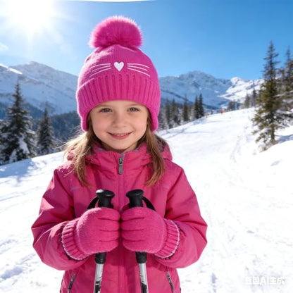 Girls Winter Hat and Gloves Set, Kids Cat Knit Beanie with Earflaps - color: Hot Pink, size: 2-4 Years