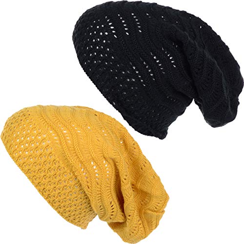 BYOS Women's Airy Cool Lightweight Cutout Long Slouchy Crochet Knit Beanie Hat - color: 2 Pack-wavy Line Mustard & Bk