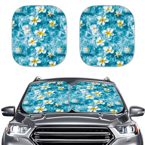 Renewold Car Windshield Sun Shade Car Window Sunshade Vehicles Sun Visor Shield Fits for Most Sedan SUV 2 Pcs Set Tropical Plumeria Starfish Foldable Easy Install Summer Car Accessories Interior - color: Blue Water Plumeria Starfish