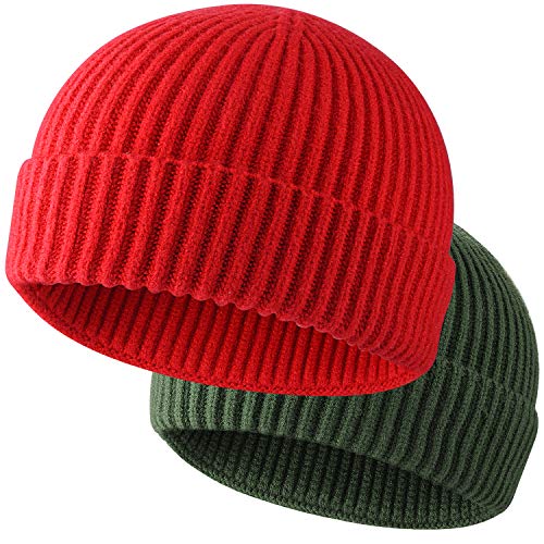 ROYBENS Wool Fisherman Beanies for Men Knit Short Watch Cap Winter Warm Hat - color: 2pcs Red + Army Green