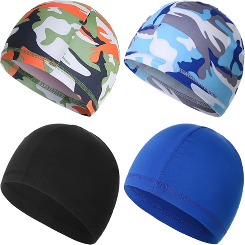 4 Pieces Skull Caps Running Cycling Beanie Hats Breathable Helmet Liner Sleep Hats for Men Women - color: F: Camo Blue+camo Orange+black+blue