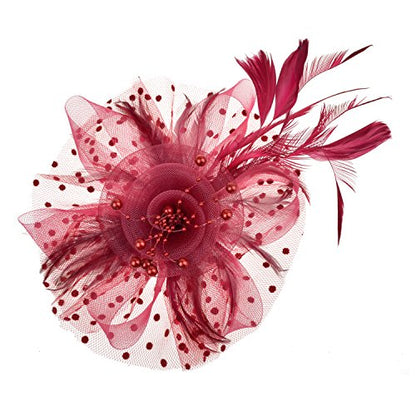 AQOKKA Women Fascinators Hats Flower Fascinators with Headband and Clip Tea Party Headwear for Women and Girls - color: 1 Pc 7" Diameter / Burgundy