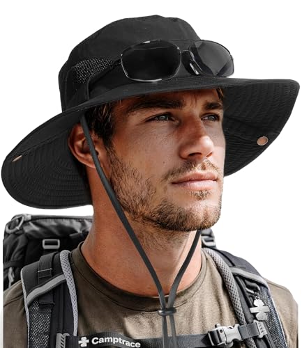 Camptrace Wide Brim Sun Hats for Men Hiking Fishing Outdoor Bucket Hat - color: Black