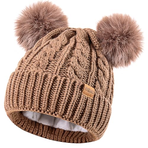 Women's Winter Hat Soft Knit Beanie with Faux Fur Pom Hat with Warm Fleece Lining Skull Cap for Women - color: Khaki