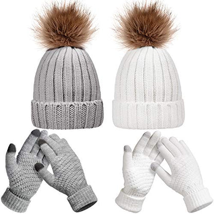 Syhood 4 Pcs Hat and Glove Set Winter Beanie and Glove Set - color: White and Grey
