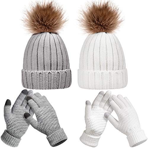 Syhood 4 Pcs Hat and Glove Set Winter Beanie and Glove Set - color: White and Grey