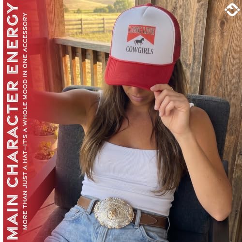 Funky Junque Premium Mesh Snapback Trucker Hat - Stylish Comfort for All - Patriotic, Humor & More - color: Long Live Cowgirls - White/Red