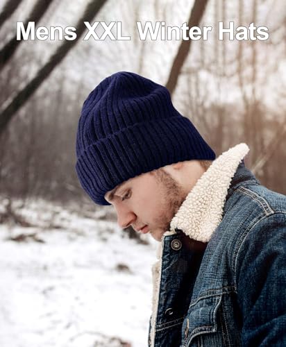 ZTL M/L/XL/XXL Merino Wool Beanie for Men Women, Fleece Lined Large Winter Hat, Big Knitted Cuffed Beanie Ski Skull Cap - color: Navy Blue, size: X-Large-XX-Large