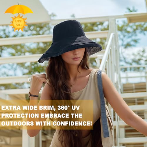 Wide Brim Sun Hats for Women UV Protection Reversible Bucket Hat Foldable Beach Hats Summer Hat for Garden Travel - color: Black-leaf