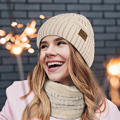 Loritta 3-Pieces Winter Hats for Women Warm Scarf Touchscreen Gloves - color: Beige
