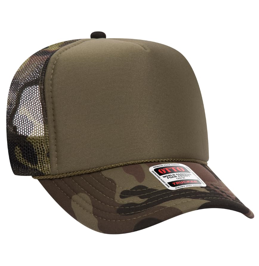 Otto Cap 5-Panel High Crown Mesh Back Trucker Hat - color: Camo/Olive Front