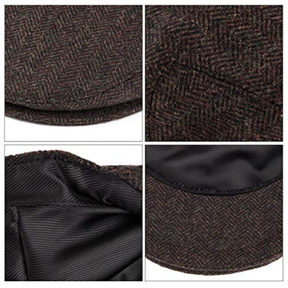 VOBOOM Men's Herringbone Flat Ivy Newsboy Hat Wool Blend Gatsby Cabbie Cap - color: Coffee, size: 7 1/8