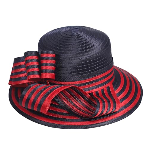 Women Derby Church Dress Fascinator Wide Brim Hats 1920s Vintage Tea Party Wedding Cloche Bowler Hats - color: Navy/Red