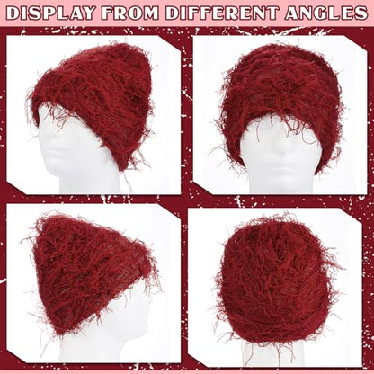 Chuarry Distressed Knitted Beanie Fuzzy Winter Hat - color: Claret