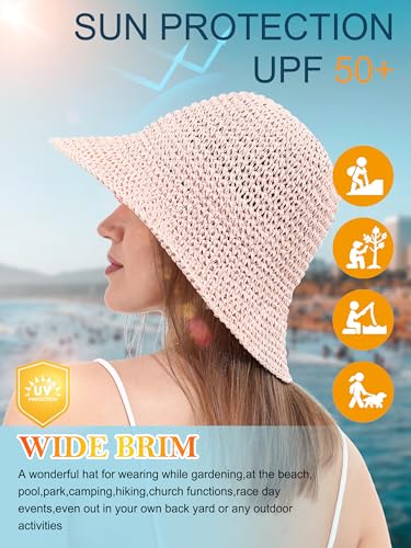 sy soul young Women's Straw Sunhat Wide Brim Hand Woven Beach Bucket Hat - color: Pink
