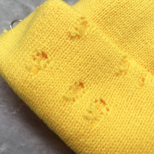 Unisex Adult Hip-hop Distressed Beanie with Iron Ring Punk Grunge Knitted Ripped Hat - color: Yellow