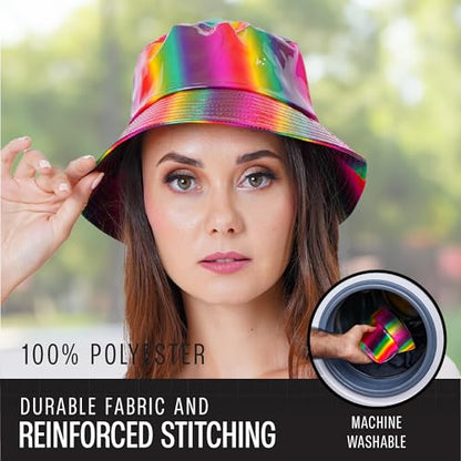 Rave Bucket Hat for Women & Men - Cute Bucket Hats - Festival Hat Adjustable 50+ SPF Protection Rave Accessories - color: Holographic Rainbow