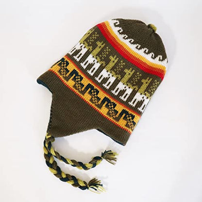 Alpaca Wool Blend Winter Hat Chullo Inca Peruvian Design Reversible with Earflaps. Beanie Medium Size. Unisex - color: Green Uniform/Green Pine