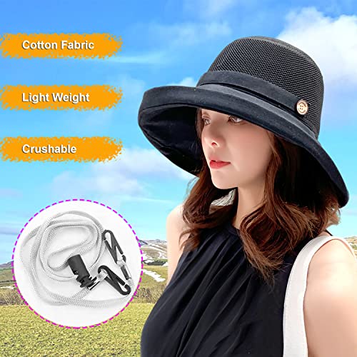 Women Wide Brim Sun Hats Metal Wired Edge Summer UV Protection Beach Fishing Hat for Hiking Garden Travel Chin Strap - color: B2-fyu001-black, size: One Size