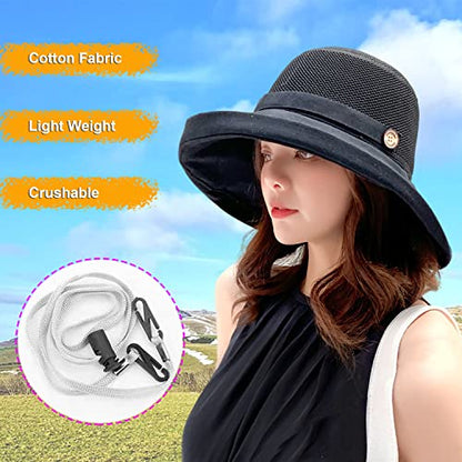 Women Wide Brim Sun Hats Metal Wired Edge Summer UV Protection Beach Fishing Hat for Hiking Garden Travel Chin Strap - color: B2-fyu001-black, size: One Size
