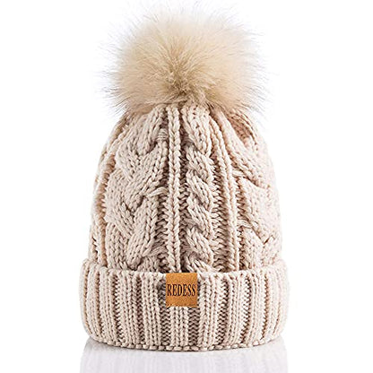 REDESS Women Winter Pompom Beanie Hat with Warm Fleece Lined Thick Slouchy Snow Knit Hat Skull Ski Cap - color: Oatmeal