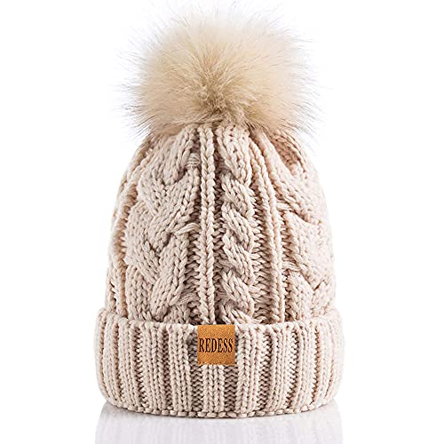 REDESS Women Winter Pompom Beanie Hat with Warm Fleece Lined Thick Slouchy Snow Knit Hat Skull Ski Cap - color: Oatmeal