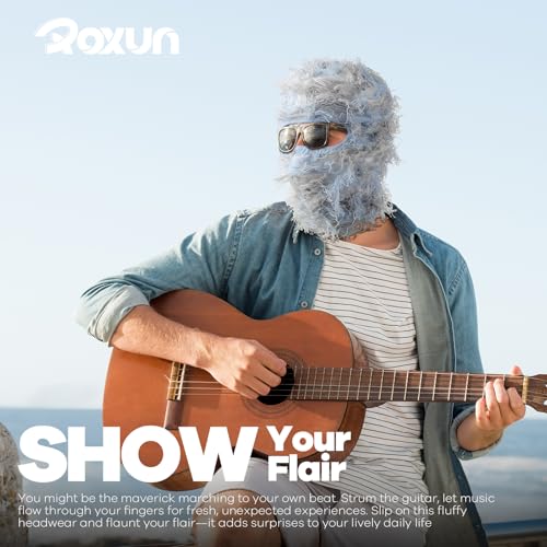ROXUN Distressed Ski Mask Balaclava, Yeat Shiesty Fluffy Knitted Full Face - color: 01- Red Mixed