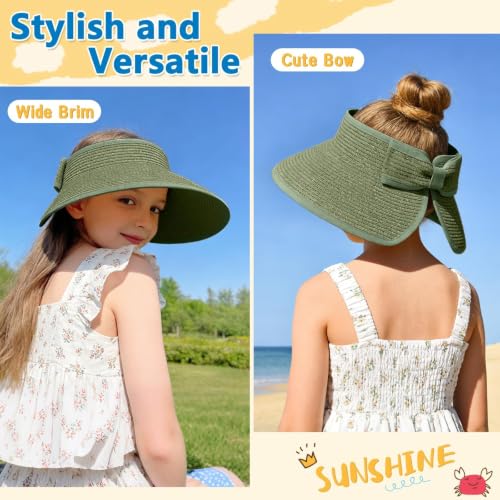 ZOORON Girls Straw Sun Visor Hat, Wide Brim Ponytail Beach Hat with Bow - color: Grayish Green