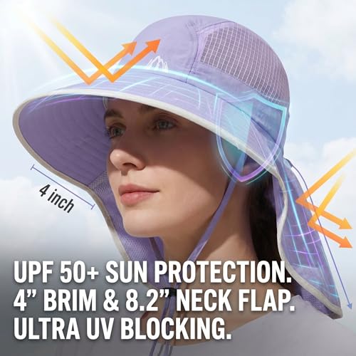 UV Sun Protection Hat Women Foldable Neck Flap Wide Brim Fishing Hat with Ponytail Hole for Women - color: Light-purple