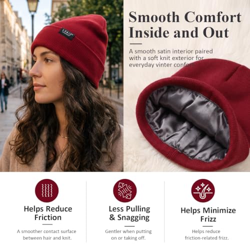 3 Pack Satin Lined Beanies for Men and Women Silk Warm Cuffed Winter Hats - color: Black+dark Grey+wine Red