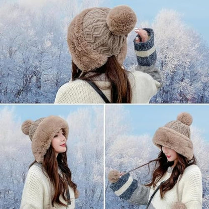 Winter Pompom Beanie Hats for Women Fluffy Knit Skull Cap Womens Faux Fur Crochet Warm Bucket Outdoor Ear Cover - color: Brown