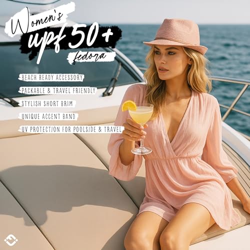 Funky Junque Short Brim Fedora Packable Sun Hat for Women - color: Sequin - Rose