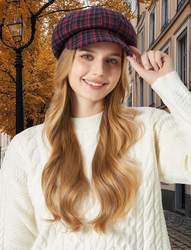 FEOYA Women Newsboy Hat Plaid Cabbie Caps Cotton Casual Stylish Beret Cap Paperboy Hats - color: Plaid-red