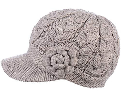 BYOS Womens Winter Chic Cable Warm Fleece Lined Crochet Knit Hat W/Visor Newsboy Cabbie Cap - color: Cable W/ Flower Beige