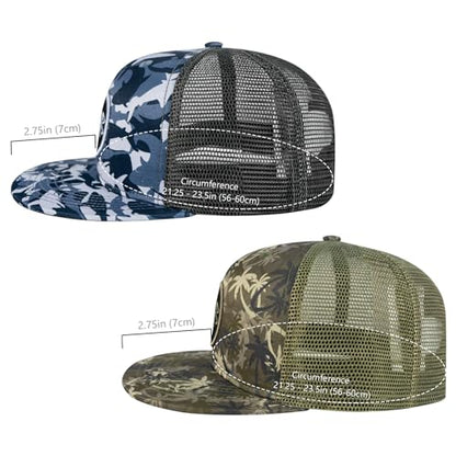 BASSDASH 2 Pack Flat Brim Trucker Cap Adjustable Snapback Hat Mesh Back for Men Women Fishing Hunting - color: Pack of 2, Shark Camo & Palm Tree Camo