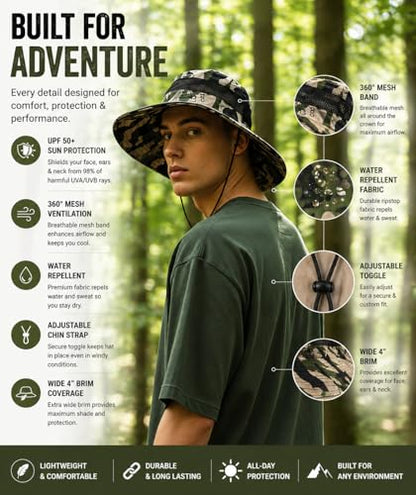 Camo Bucket Sun Hat with Mesh Band and Chin Strap, Wide Brim Boonie Hat for Outdoor Activities - color: Woodland White Camo