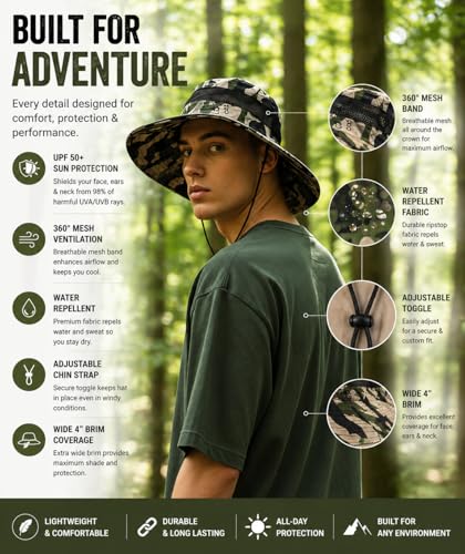 Camo Bucket Sun Hat with Mesh Band and Chin Strap, Wide Brim Boonie Hat for Outdoor Activities - color: Woodland White Camo