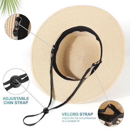 DRESHOW Women Straw Panama Hat Travel Fedora Beach Sun Hat Summer Wide Brim Straw Roll up Hats UPF 50+ - color: Fedora L Beige a