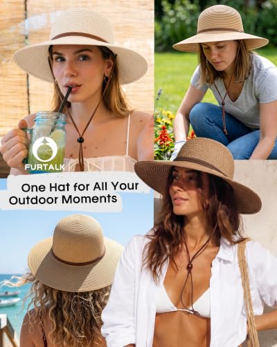 FURTALK Womens Wide Brim Sun Hat with Wind Lanyard UPF Summer Straw Sun Hats for Women - color: Ac-brown, size: Large-X-Large