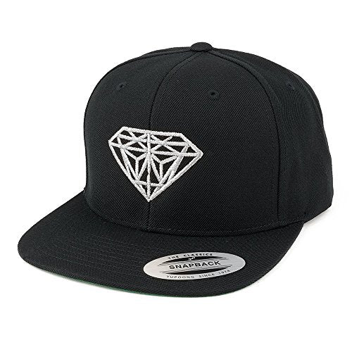 Diamond Embroidered Flat Bill Snapback Cap - color: Black With Metallic Silver Thread