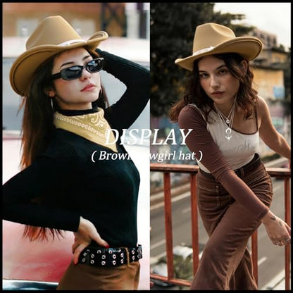 Western Black Cowboy Hats for Women Men, Fedora Wide Brim Rhinestone Cowgirl Hat with Bandana and Evil Eye Bull Head Necklace - color: Camel