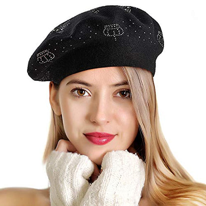 LADYBRO Rhinestone Beret Hats for Women 2 Layers Wool Knit Cap Lady Winter - color: Black-top Rhinestones